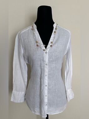 Zara White Linen V-Neck Button-Down Shirt